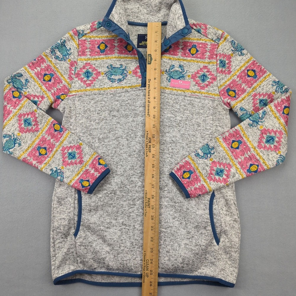Simply Southern Pullover Womens Small Gray Pink Blue Crab Print Aztec Preppy - Picture 5 of 12